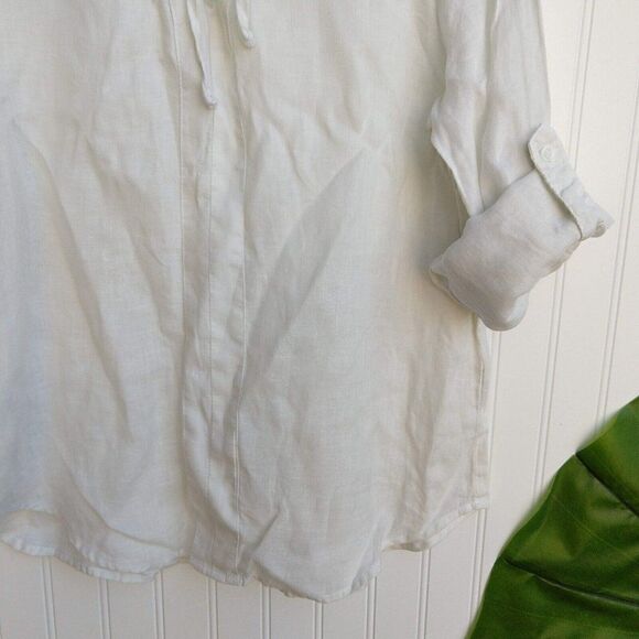 Side Stitch White Linen lace Up Top Size M Roll Tab Sleeves Lagenlook Blouse - Picture 4 of 8
